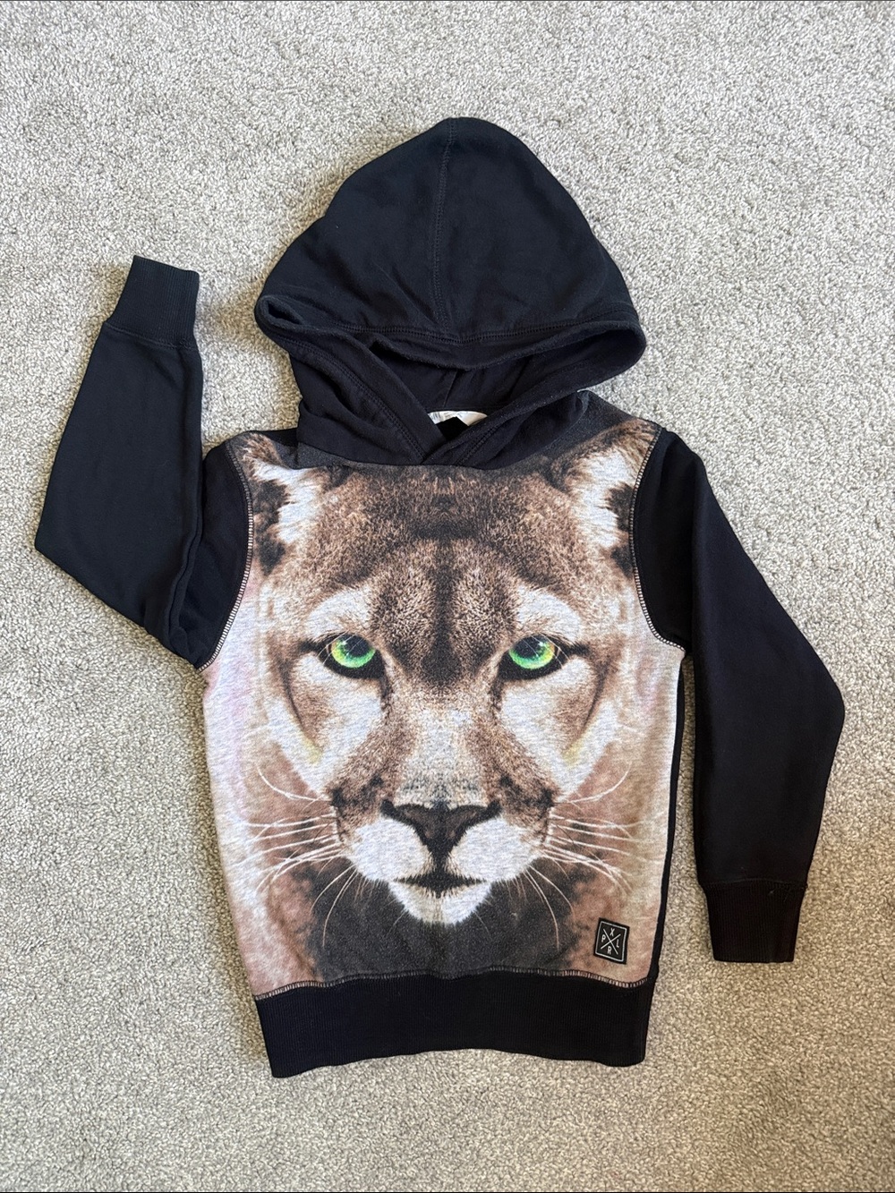 H&M Black Hoodie with Realistic Cougar Face and Green Eyes